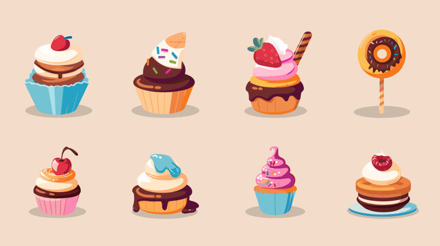 Pixel Art Colorful Cupcake And Dessert Icons Arranged In Two Rows On Beige Background Retro 8Bit