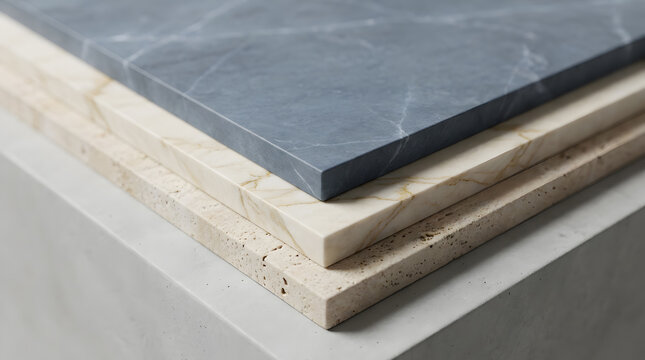 Premium stone countertop samples for interior design | Luxury marble and travertine slab textures | Modern architectural material finish swatches | Stacked decorative stone tiles for home renovation