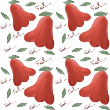 Hand Painted Seamless Rose Apple Fruit Pattern with Green Leaves