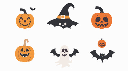 Fototapeta premium Playful Collection Of Carved Pumpkin Jack O Lanterns Witch Hat Ghost And Flying Bats On Pale Blue