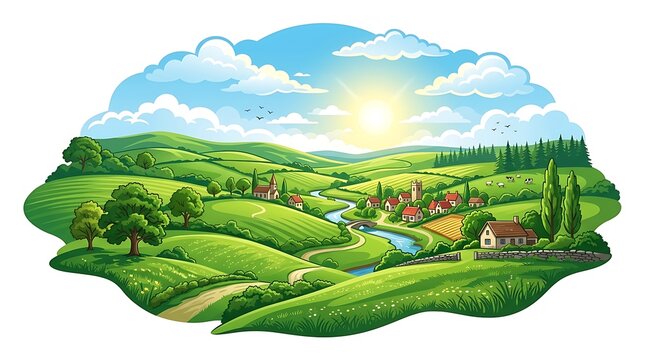 Sunny rural landscape with rolling green hills and peaceful village