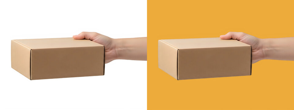 Human hand holding cardboard box on solid background