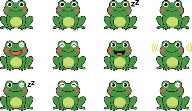 Cute frog emoji vector character sheet featuring multiple green toad cartoon icons showing various happy, winking, smiling, and sleeping facial expressions.