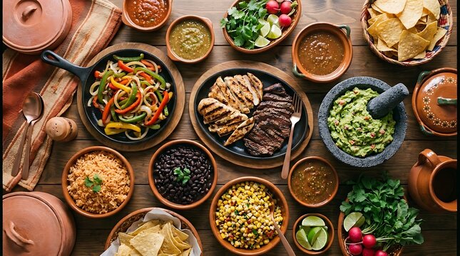 Top view of delicious mexican food spread with fajitas guacamole and beans on a rustic wooden table. southwestern recipe ideas