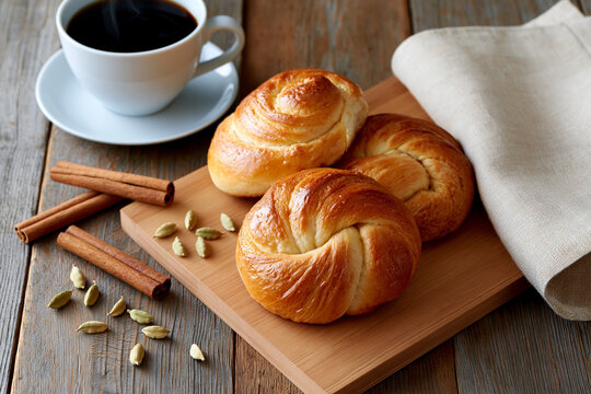 Swedish cinnamon buns served with coffee on wooden table celebrating kanelbullens dag