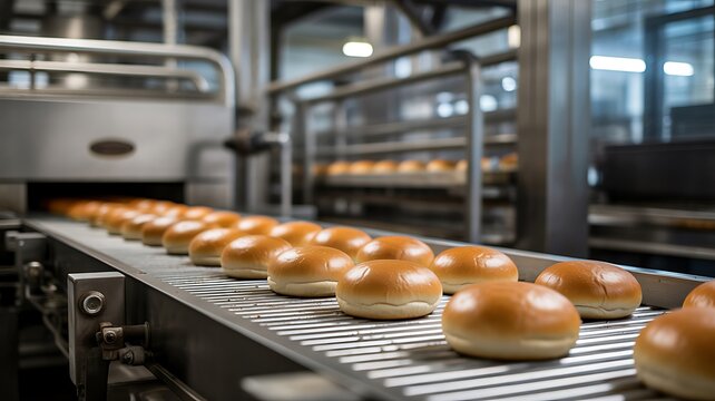 Automated bakery production line with fresh donuts in food manufacturing factory