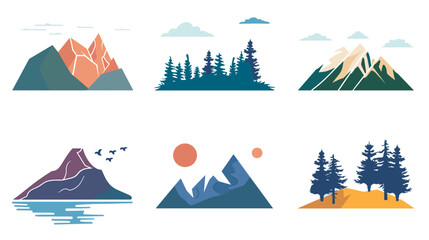 Fototapeta premium Six Minimal Flat Mountain And Forest Landscape Icons Featuring Pastel Peaks Pines Shoreline And Sun