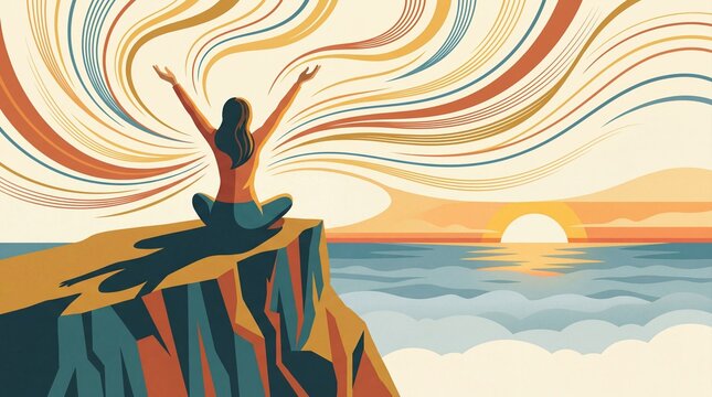 Woman practicing breathwork on cliff during sunrise with ocean view