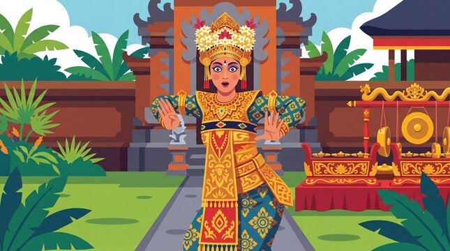 Balinese woman performing traditional legong dance in cultural setting with vibrant colors