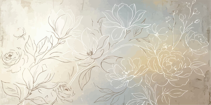 Artistic background with intricate floral sketches on a dual-tone textured beige and grey wall background embossed distressed botanical artistic wallpaper interior ornament abstract material