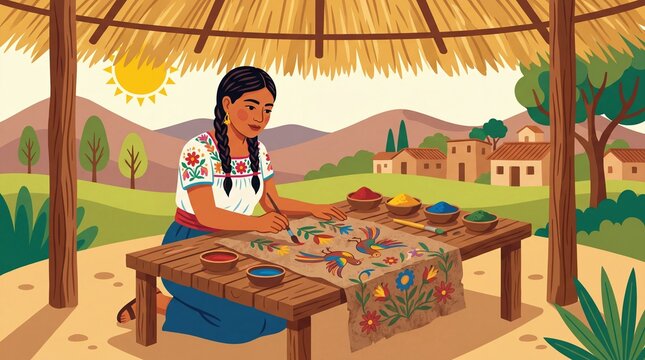 Woman creating traditional Mexican amate bark paper art in rural setting