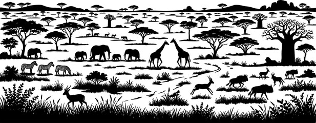 Obraz premium African safari savanna landscape with wild animals and acacia trees silhouette safari animals