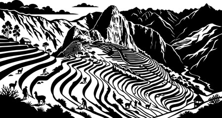 Obraz premium Agricultural terraces on a steep mountain side feature workers and grazing llamas in woodcut style