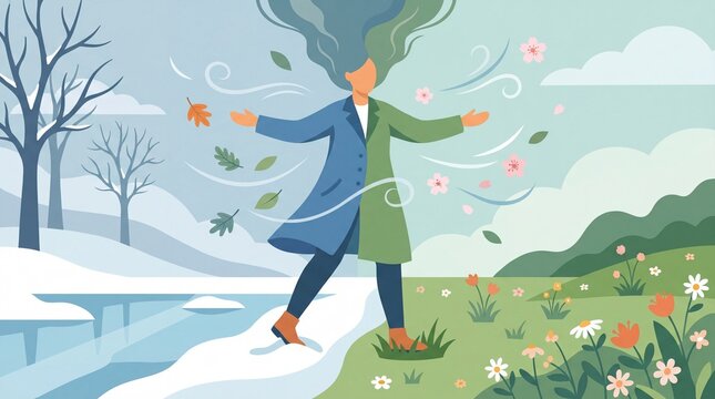Woman standing at the threshold of seasons enjoying nature in a vibrant landscape