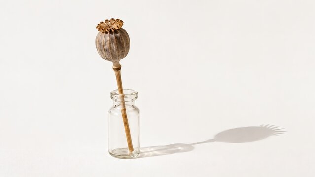 Dried poppy seed pod in a clear glass bottle casting a long shadow on a white background