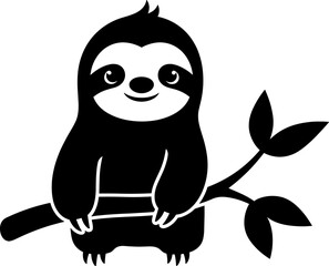 Fototapeta premium Cartoon sloth sitting on a tree branch with leaves vector silhouette