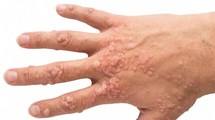Naklejka premium Multiple Flesh-Colored Warts Papules with Mosaic Pattern on the Dorsal Hand