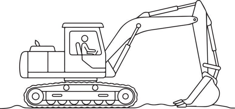 Excavator construction machine line drawing with driver inside cabin digging ground on industrial site vector illustration for coloring page or technical design.