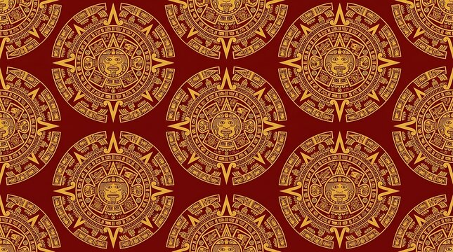 Golden ancient sun calendar seamless pattern on dark red background