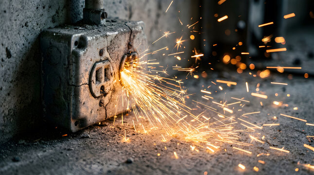 sparking electrical outlet hazard | dangerous electrical fire sparks | faulty industrial wall socket | macro photography of electrical short circuit | weathered power outlet failure