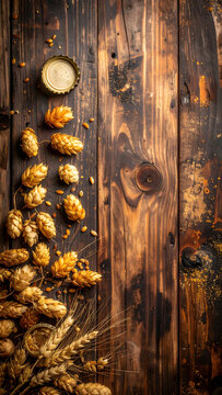 Dried hops barley and bottle cap scattered on distressed dark wood creating an earthy mood generative AI
