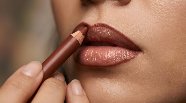 Macro lip liner application close up | Professional makeup tutorial beauty photography | Brown lip pencil on full lips editorial | Skin texture and lip makeup macro shot