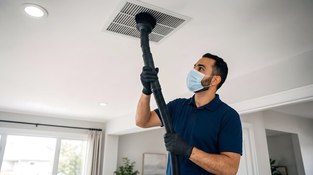 Professional cleaner wearing protective mask and gloves sanitizing a ceiling air vent with a vacuum hose