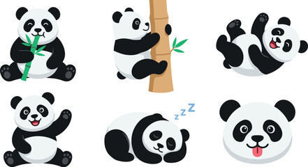 Cute giant panda bear vector illustration set featuring playful characters eating bamboo climbing tree sleeping rolling waving and funny head icon © Marufa