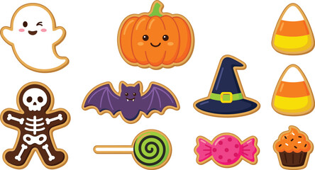 Fototapeta premium Cute Halloween sugar cookies set vector illustration featuring ghost pumpkin candy corn bat witch hat gingerbread skeleton cupcake sweets