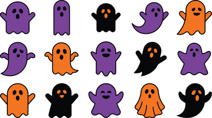 Obraz premium Collection of various spooky ghost characters in purple orange and black colors with diverse expressions for Halloween design isolated on white background