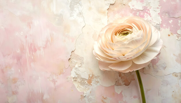 Wilting pale ranunculus resting against a distressed pastel wall creating a quiet fragile beauty mood generative AI