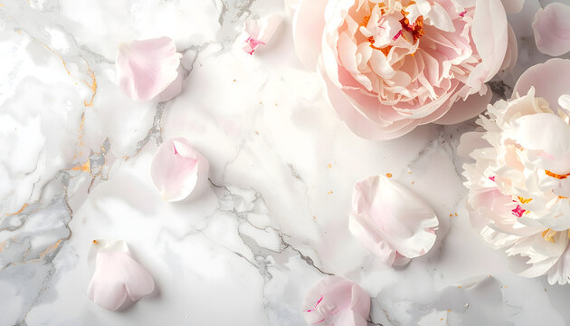 Soft peony petals falling onto a distressed pastel marble surface creating a luxurious tender mood generative AI