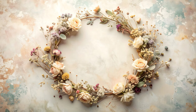 Delicate wreath of faded dried flowers surrounding a distressed pastel center evoking a romantic mood generative AI