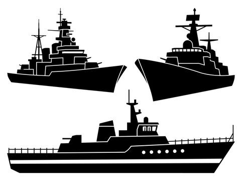 Military Warship Silhouettes Set: Destroyer, Battleship, and Naval Patrol Vessel