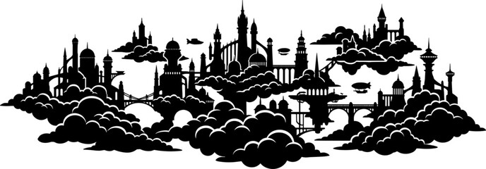 Fototapeta premium Fantasy castle city silhouette floating in the sky surrounded by thick fluffy clouds