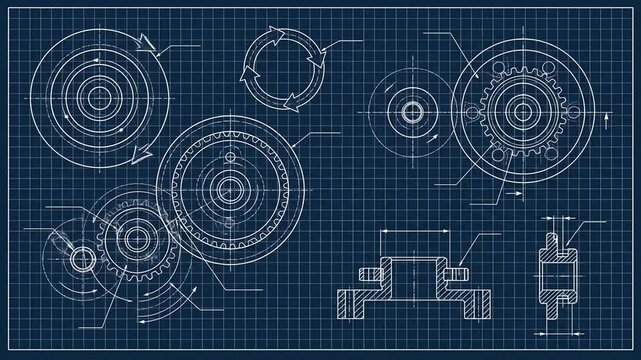 Rotating Gears Blueprint Technical Drawing Animation