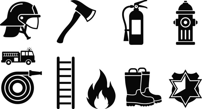 Firefighter equipment black silhouette vector icon set featuring helmet axe extinguisher hydrant engine hose ladder flame boots and star badge