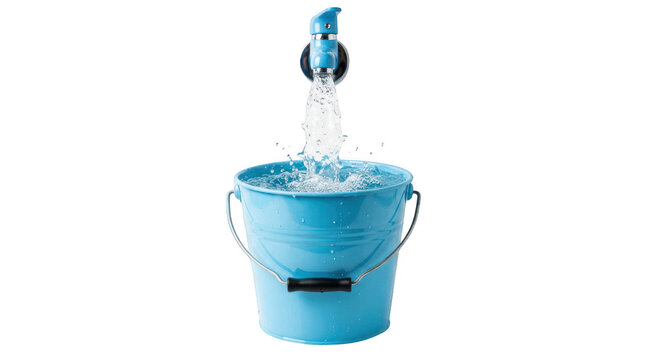 Blue bucket filling with water from a tap isolated on transparent background