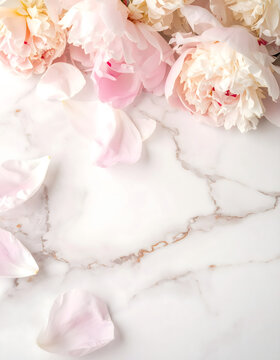Soft peony petals resting on a distressed pastel marble creating a luxurious brand mood generative AI