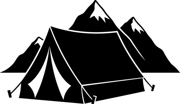 Outdoor camping tent set up in front of high snow capped mountains