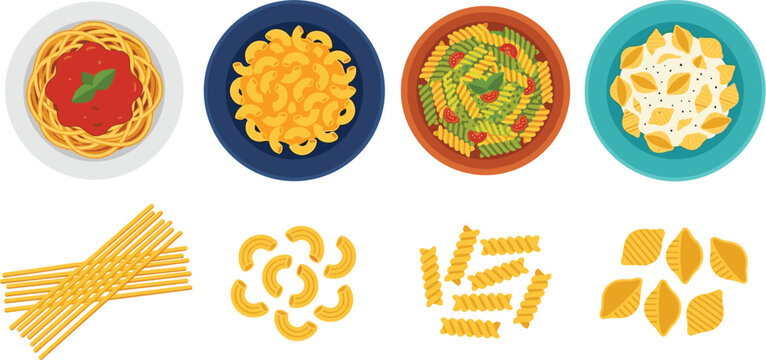  Flat vector illustration of Italian pasta dishes set featuring spaghetti bolognese macaroni and cheese fusilli salad and conchiglie shells