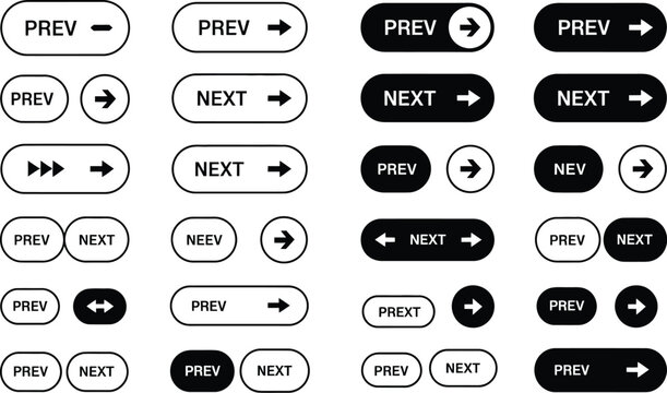 Navigation button icon set featuring previous, next, arrow, outline, and filled vector styles for websites, mobile apps, pagination, and user interface design