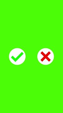 Animated pop-up green check mark and red cross X symbol on a green background. Video footage of yes or no, true or false for phone