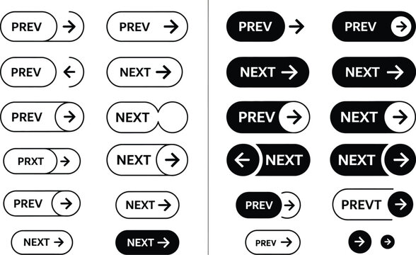 Navigation button icon set featuring previous, next, arrow, outline, and filled vector styles for websites, mobile apps, pagination, and user interface design