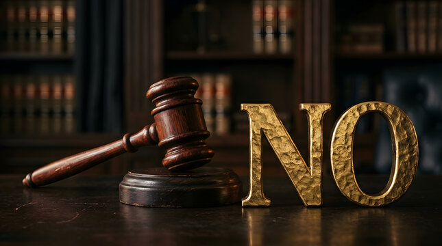 Judge gavel and golden no sign | Legal rejection and courtroom verdict | Law office justice concept | Court objection and veto symbol