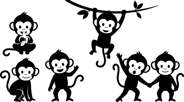 Set of six cartoon monkey silhouettes in various playful poses isolated