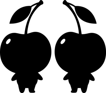 Silhouette icon of two cute cherry characters standing together on a transparent background