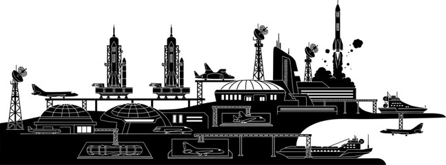Obraz premium Silhouette of a futuristic spaceport facility with rocket launchpads and radar communication towers