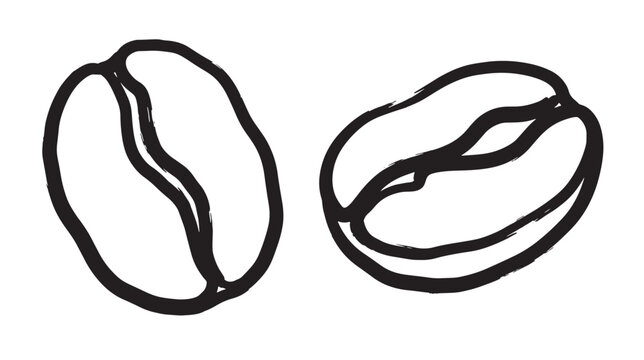 Brush stroke doodle style two roasted coffee beans with black outlines on a white background, hand drawn style for cafe menu or coffee shop branding and food