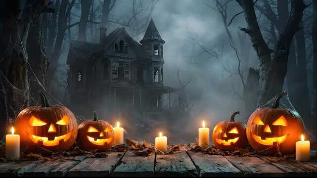 Carved Halloween Pumpkins Glowing Before A Haunted House In The Fog